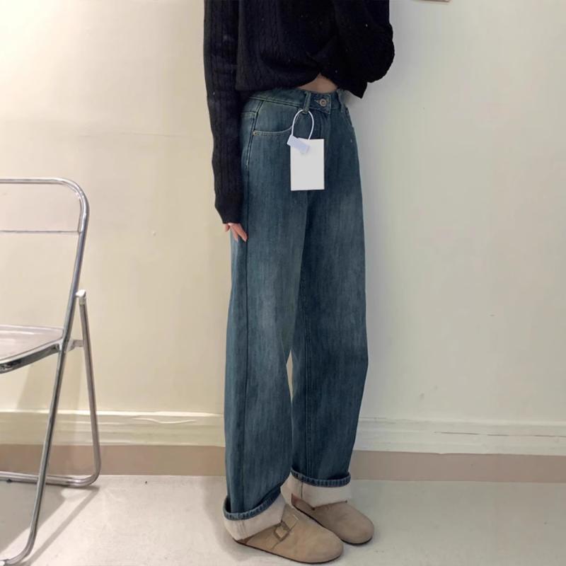 レディース 牛仔パンツ 深ブルー 加? 暖か デニム 生地 秋冬 直筒 ハイウエスト スリム 脚長 効果 ワイドレッグ ロングパンツ 普段使い 伸縮性 軽量 韓国風 カジュアル スタイル
