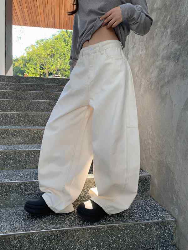 レディース 牛仔パンツ デニム ワイドパンツ クロップドレッグ ゆったりシルエット ワイドレッグ ミッドライズ ロング丈 中厚 ヴィンテージ加工 切り替えデザイン 綿素材 95% コットン 無伸縮 ホワイト 韓国風 カジュアル 快適 日常使い 春夏 デイ｜トミーショップ 店
