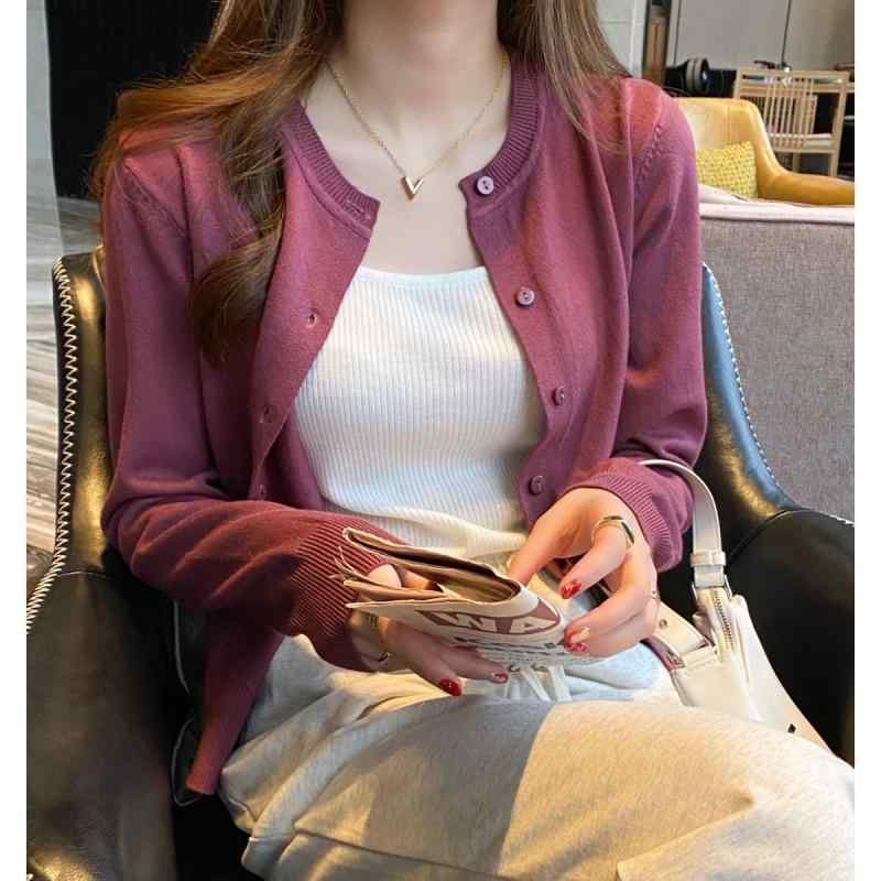 カーディガン レディース 春夏 針織 長袖 開衫 柔軟 修身 薄手 切り替え 単排扣 丸首 普通丈 粘膠繊維 中厚 芥末黄 ブラック 梅子ピンク 杏色 カーキ ホワイト ライトグレー 快適 日常使い コーディネート 軽量 吸湿速乾