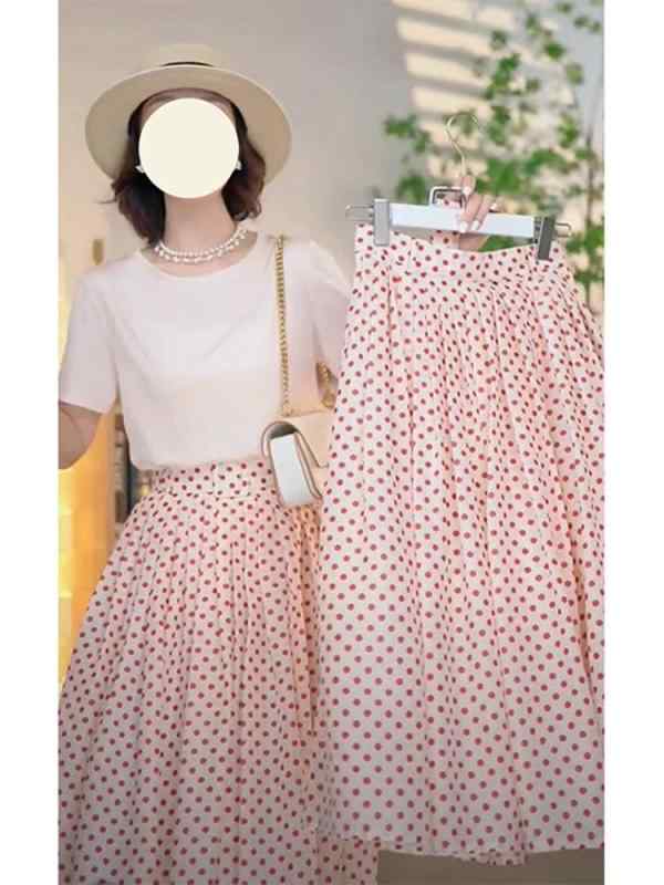 スカート 女性用 夏 ミディ丈 Aライン 半身 ピンク ドット柄 ポルカドット フレア フレンチスタイル ガーリー かわいい 軽量 ポリエステル 接触冷感 吸湿速乾 通勤 普段使い デイリー カジュアル 日韓風 ソフト フェミニン 優しいシルエット