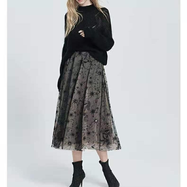 スカート 女性用 春夏 大きいサイズ 高腰 スリム ポルカドット シフォン プリーツ ロング ミディ 半身 切り替え デザイン 灰色 ブラック ?? 混 スパンデックス ストレッチ 通勤 気質 快適 休? スタイル 不規則 ヘム 免? 処理 軽量 吸湿速