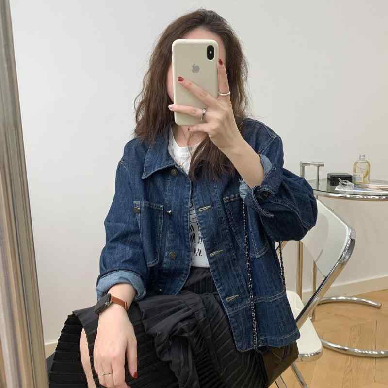 レディース 上衣 牛仔 ジーンズ 広々とした影ぼうし ルーズフィット 遊撃手丈 長袖 ポロ色つや 刷り上げる柄 深青み 春夏 通い 普段使い走り 都市表現スタイル 人となり 軽さ 伸縮性 吸湿速乾 綿織物混