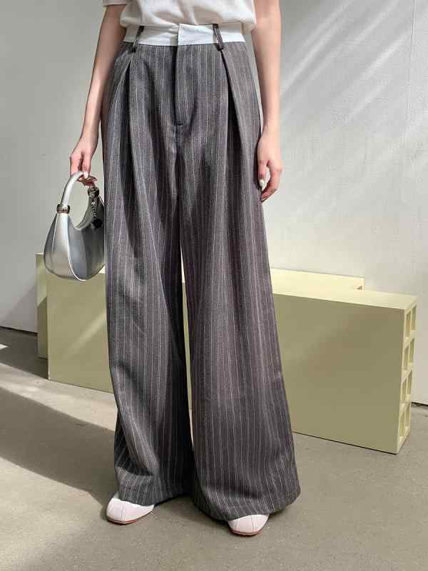 レディース ワイドパンツ ストライプ柄 ハイウエスト 直筒 長ズボン 切り替え 灰色 ポリエステル 通勤用 気質 韓国風 ゆったり シルエット ノンストレッチ 免燻 春 スタイル｜トミーショップ 店