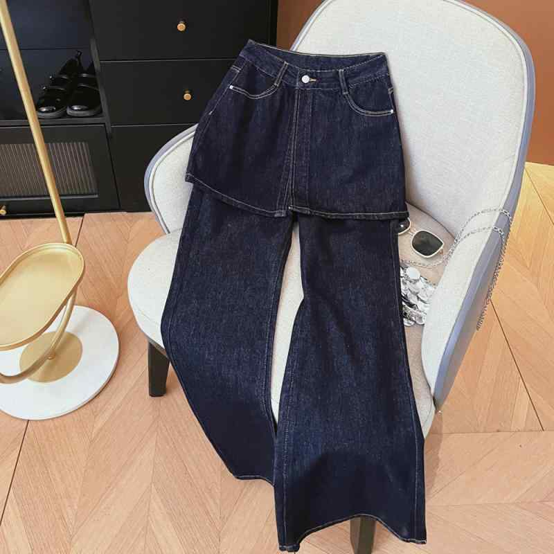 レディース 牛仔パンツ スカート デニム 色 ハイウエスト 直筒 ワイドレッグ 長ズボン 遮胯 偽ツーピース ゆったり スリム 気質 通勤 スタイル 基本 款 中厚 微弾性 洗水加工 秋季 秋冬 ポリエステル 繊維 軽量 伸縮性 普段使い 部屋着 アウト