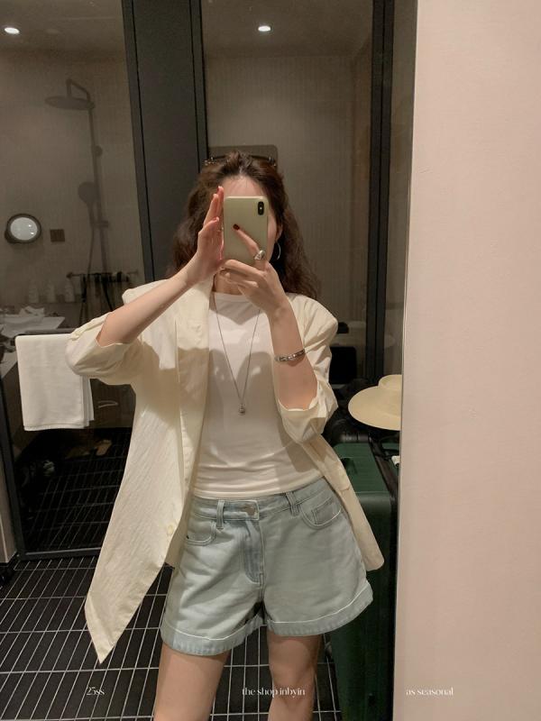 ショートパンツ 女性用 夏用 高腰 デニム 直筒型 巻き? 防走光 綿混紡 粘液性繊維 洗い加工 軽量 普段使い 韓流カジュアル 浅ブルー ミッドウェイト