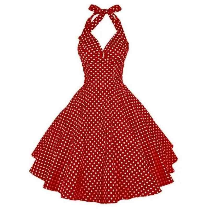 ワンピース レディース 夏 ハルネック ノースリーブ バックレス ウエストマーク Aライン 中長丈 コットン 素材 ポルカドット 柄 プリント 3D 装飾 甘め スタイル スリム 効果 軽量 通気性 良い 復古 風 禅意 デザイン ネイビー ブルー レッ