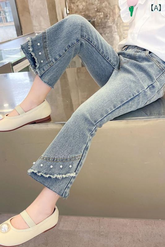 女児 デニム 喇叭パンツ 春夏 韓国風 珍珠 花辺 馬蹄袖 修身 潮 長ズボン 綿素材 柔軟 酵素洗 中腰 伸縮性 軽量 純色 デニムカラー 通学 普段使い カジュアル 子供服 女の子 4,769円