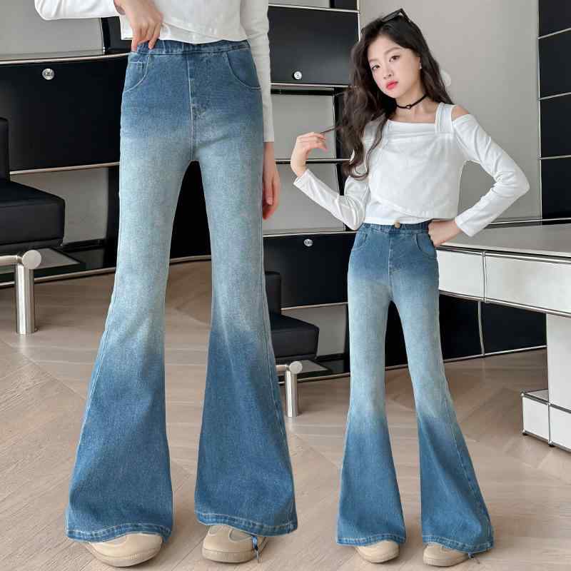 女児 牛仔パンツ 春夏 メンズ レディース キッズ 子供用 中大童 修身 マイクロフレア ハイウエスト 長ズボン 綿素材 柔らかい デニム 伸縮性 普段使い 通学 ブルー ライトブルー グラデーション 切り替え 韓国風 スタイリッシュ 快適 軽量 吸湿速