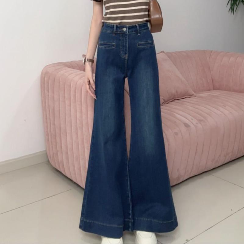 デニムパンツ 女性用 春秋 高腰 ワイドレッグ ロング丈 気質 通勤風 気質スタイル デニム素材 高弾性 ゆったり スリム効果 ラフスタイル ミディアム厚 ヴィンテージ加工 砂洗い仕上げ クラシックブルー ホワイト 復古カラーリング