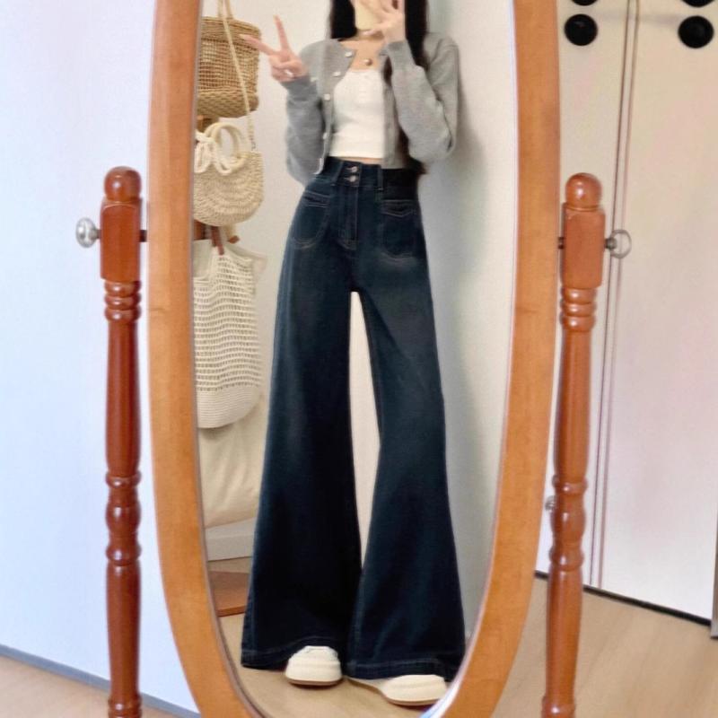 ワイドパンツ レディース 牛仔 デニムパンツ 直筒 ハイウエスト ミディウエスト 春夏 秋冬 ゆったり ルーズフィット ロング丈 ワイドレッグ すっきり スリムライン 洗い加工 ヴィンテージ風 ミドル厚 微弾力 綿混 ポリエステル混 コットン素材 ポリ混