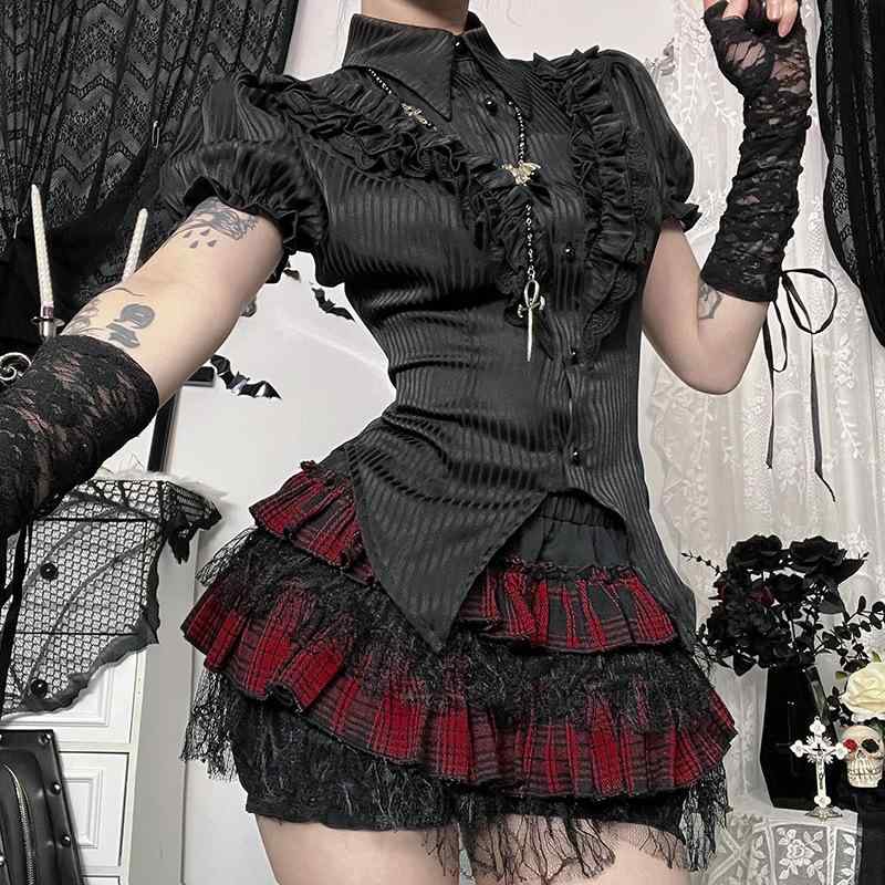 半身スカート 女性用 夏 南瓜スカート 蜘蛛の巣柄 格子柄 暗黒風 ストリートスタイル ミウ系 切り替えデザイン レース ショート丈 ポリエステル コットン 微弾力 軽量 かわいい 潮人ファッション ぴったりフィット 吸湿速乾