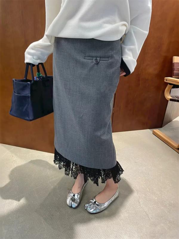 スカート 女性用 秋冬 包み込み ミディ丈 半身スカート 蕾? ダブルレイヤー 切り替え デザイン 気品 優雅 スタイル プリンセス ファッション ポリエステル 素材 無弾性 ブラック グレー カラーバリエーション 日常使い 通勤 通学 コーディネート 8,352円