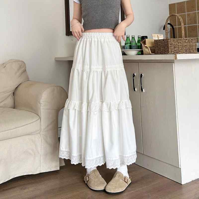 スカート 女性用 半身スカート 春夏 中長丈 Aライン ハイウエスト ウエストマーク スリム効果 レース 切り替え ポリエステル 無地 ピュアカラー フレッシュ スイート ガーリー かわいい 軽量 通勤 普段使い デート