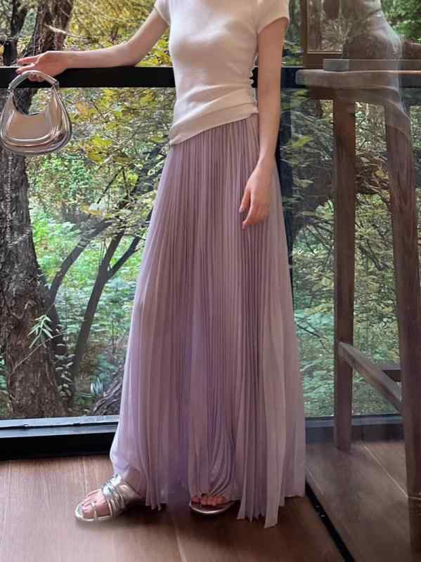 スカート レディース 半身スカート 春夏 軽やか 雪? ポリエステル 百褶スカート 長丈 プリーツ 切り替え 浅紫色 ミントグリーン ベージュ 淡いピンク 爽やか 甘め 優しい 風通し良い ノンストレッチ ゆったりシルエット 日常使い リゾート コーディ