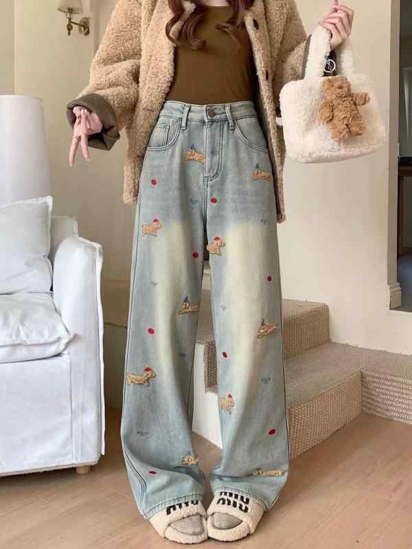 デニムパンツ 女性用 かわいい 韓国風 刺繍 犬柄 ハイウエスト ワイドレッグ ストレートロングパンツ コットン素材 無弾性 水洗加工 通勤スタイル 気品 普段使い 軽量 中厚 ポケット付き 2025年 夏用 絵色(x300)|トミーショップ 店