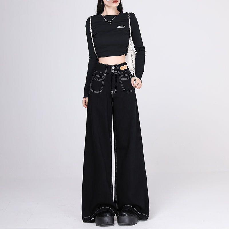 パンツ 女性用 高腰 ストレート デニムパンツ ワイドレッグ ロング丈 黒 綿素材 気質 通勤スタイル 洗い加工 ゆったりシルエット スリム効果 普段使い 軽量 ストレッチなし 中厚手 ジッパー ハイウエスト ビッグシルエット デイリーウェア