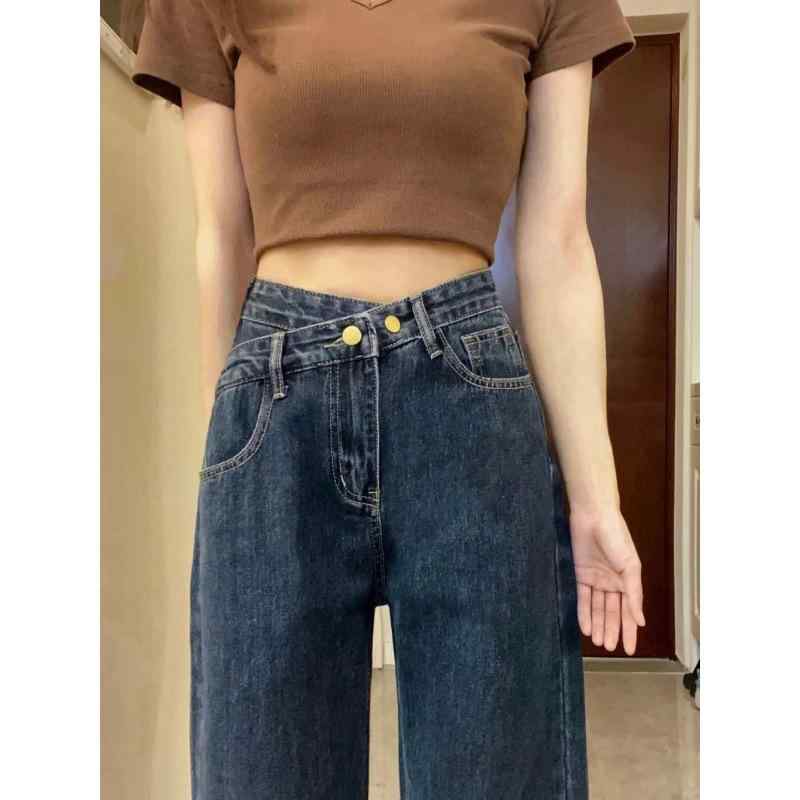 レディース デニムパンツ 直筒 ハイウエスト 牛仔 秋 ワイドレッグ ゆったり ロング丈 ブルーグレー 綿素材 95% 都市風 通勤用 気質 ボタン 韓国風 秋冬 ストレッチ 軽量 普段使い 切り替え ビッグシルエット