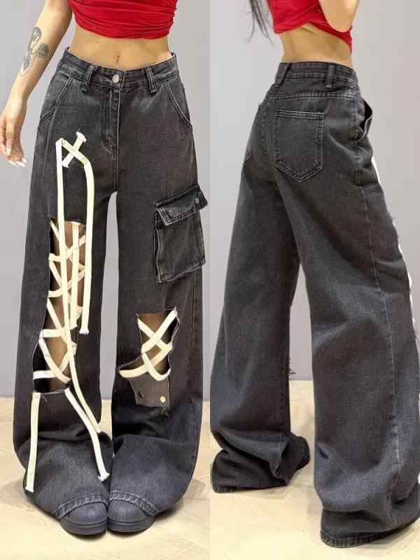 レディース デニムパンツ 黒 グレー系 春夏 直筒 ワイドレッグ 高腰 ロング丈 綿混 ポリエステル混 中厚 ポケット 復古 韓国スタイル 気質 クラシック スタイル 普段使い 軽量 免? 加工 百搭 コーデ スリム ライン 脚長効果 クロスボーダー フ