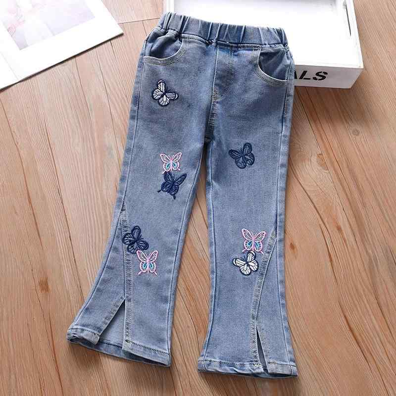 女の子 ジーンズ 春秋 キッズ 女児 コットン 薄手 ラッパー ロングパンツ かわいい 蝶 刺繍 フラワー 柄 ミッドライズ ゴムウエスト 伸縮性 普段使い カジュアル スタイル