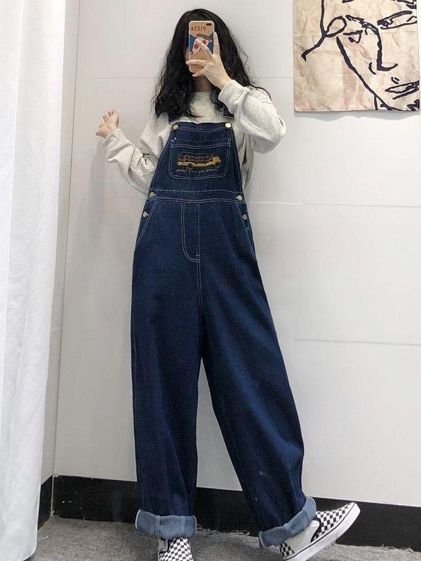 レディース デニム 背広パンツ 牛仔 デニム ストラップ オーバーオール ワイドレッグ ストレート ハイウエスト ロングパンツ 薄手 コットン 素材 ボタン デザイン 刺繍 アクセント 気質 通勤 スタイル 都会的 ストリート ファッション 学生向け 普