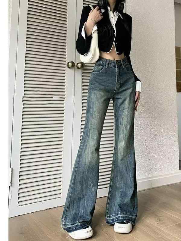 ジーンズ 女性用 高腰 直筒 微喇 デニムパンツ 綿 ストレッチ 毛羽立ち加工 ミディアム厚 ブルー ロング丈 ルーズフィット 秋 ストリートスタイル トレンド カジュアル 普段使い 伸縮性 軽量 切り替えデザイン ハイウエスト ビッグシルエット 気質