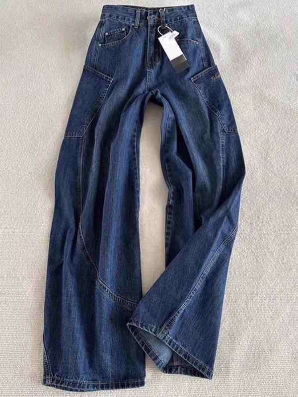 レディース デニムパンツ 牛仔 綿混 ポリエステル 春秋 ブルー 高腰 ワイドレッグ ロング丈 フレア ゆったり ミドル厚 シーケンス ストリート トレンド スリム コーデ 伸縮性 無し アイロン不要 加工 個性派 普段使い 通勤 アウトドア 軽量 吸湿