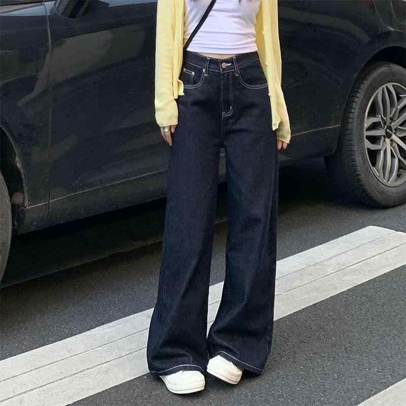 ワイドパンツ レディース 韓国風 高腰 ストレート ロング デニム 綿 素材 深紺 気質 通勤 普段使い ゆったり シルエット ミディアム 厚 ヴィンテージ 加工 ノンストレッチ ゆったり タイプ 春夏 コーデ