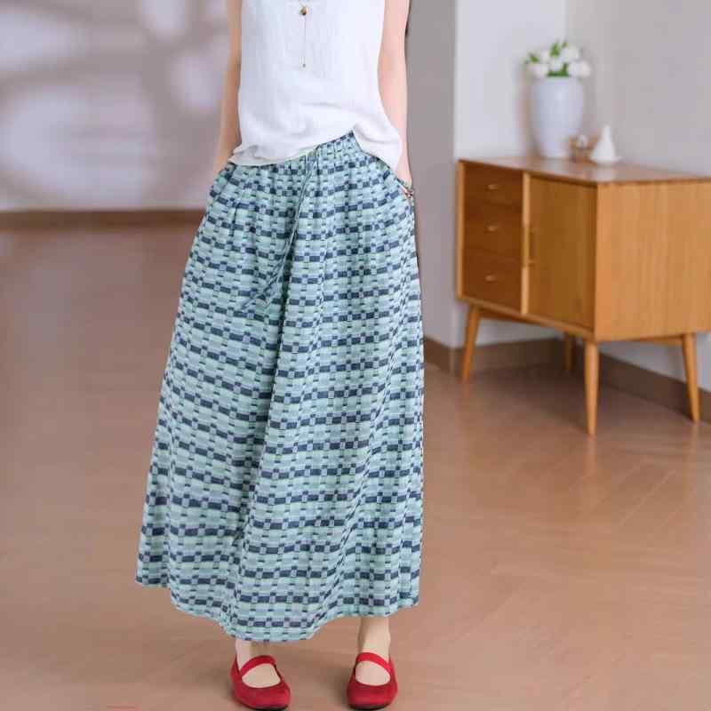 スカート レディース 半身スカート Aライン 中長丈 春夏 麻 綿 織り柄 モザイク柄 印花 切り替えデザイン 伸縮性 中弾力 復古風 芸術風 中国風 かわいい 軽量 通勤 普段使い ピクチャーカラー