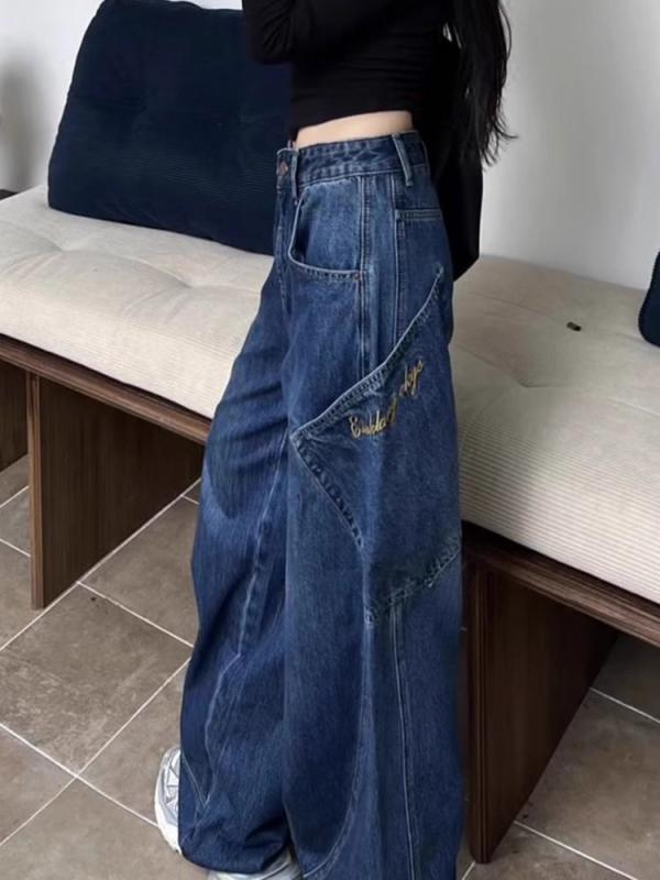秋冬 デニムパンツ レディース 高腰 ワイドレッグ ロングパンツ ブルー 韓国風 復古 ストレッチ ゆったり シルエット コットン混 スパンデックス 普段使い 通勤 軽量 吸湿速乾 ビッグシルエット ハイウエスト ブルー系 秋冬向け