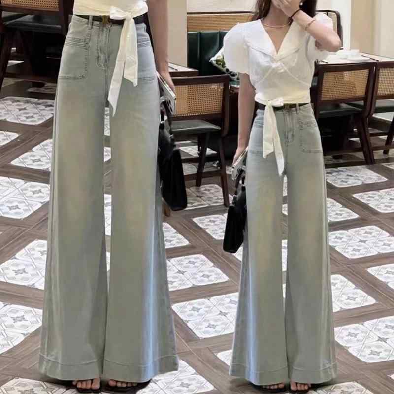 ワイドパンツ 女性用 韓国風 気質 通勤 超ワイドレッグ デニムパンツ 小柄 高腰 ゆったり 隠し肉 スリム 垂れ感 浅ブルー 春季 中厚 ジッパー 都市スタイル 無弾性 ロング丈 水洗加工 ボタン ラベル 4,715円