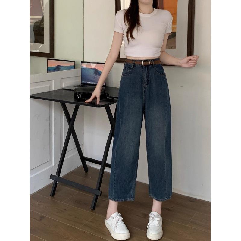 ワイドパンツ 女性用 梨形身材 微胖対応 春秋 ワイドレッグ デニムパンツ 女性 高腰 ハーレムパンツ 九分丈 ミディアム厚 ジッパー ブルー 再生繊維 無弾力 水洗加工 清新 甘め かわいい 韓国スタイル 普段使い 通勤 伸縮性 軽量 カジュアル