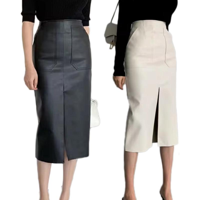 スカート 女性用 秋季 ミディ 包ヒップ 半身 スカート 黒 白色 ブラウン PU レザー ポリエステル 切り替え デザイン A ライン 微弾力 直筒 梨型 対応 欧米風 ストリート スタイル 休? カジュアル 普段使い 修身 シルエット 深開叉 気質