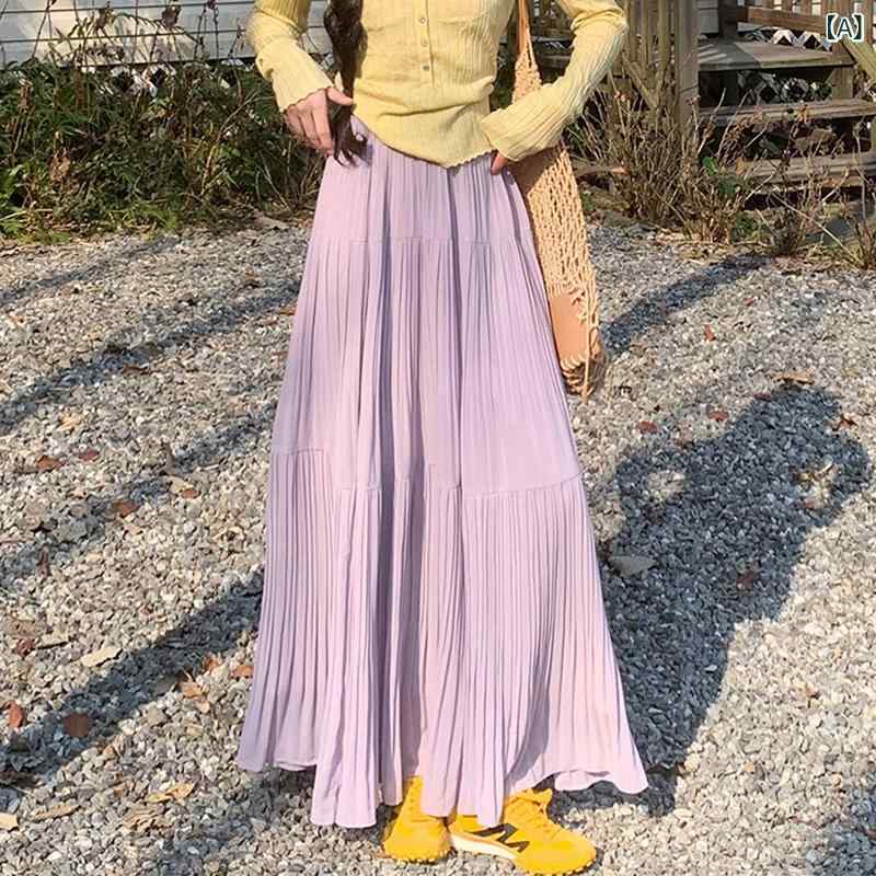 スカート レディース 春夏 紫色 かわいい 気品 仙女風 Aライン ハイウエスト スリム ミディ丈 ロング プリーツ 雪? ポリエステル 垂れ感 ケーキスカート ポケット 付き 日韓カジュアル 軽量 通勤 普段使い