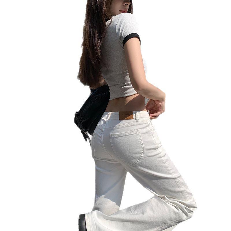 ジーンズ 女性用 春夏 高腰 伸縮性 微喇 ストレート フレアパンツ 綿素材 デニム 加工 やり過ごし風 快適 日常使い ファッション ブラック ホワイト ロング丈 軽量 ハイウエスト ビッグシルエット 吸湿速乾