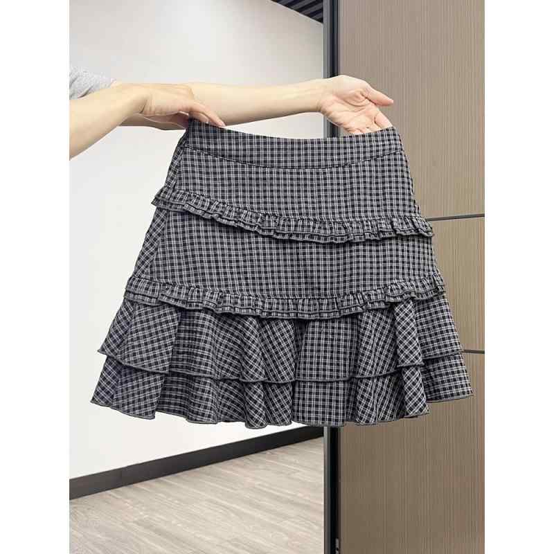 スカート 女性用 春夏 半身スカート 復古 格子柄 Aライン 短丈 高腰 スリムライン かわいい デニム風 都市スタイル 通勤用 気質 伸縮性 軽量 ポリエステル 素材 グレー ブラック チェック 柄 カジュアル 普段使い ビッグシルエット