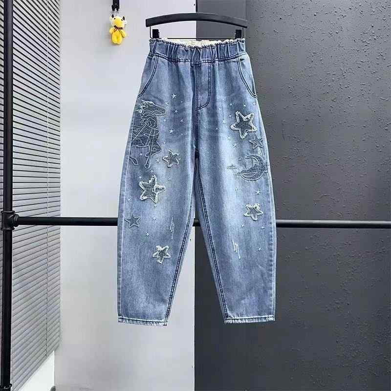 女性 牛仔パンツ ハーレム ワイドレッグ 九分丈 ミッドライズ 夏用 薄手 綿素材 微弾性 刺繍 プリント ブルー 復古風 韓風 ゆったり 大きいサイズ ライトウェイト ストレッチ ゆったりシルエット 日常使い