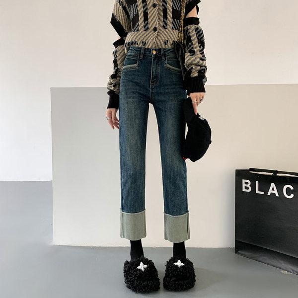 レディース 牛仔パンツ 高腰 直筒 デニム 綿混 伸縮性 九分丈 八分丈 ロング丈 復古ブルー ブラック 韓国風 カジュアル 普段使い スリムフィット 軽量 吸湿速乾 水洗加工 切り替え フレアヘム ハイウエスト ビッグシルエット 秋冬 通勤 通学
