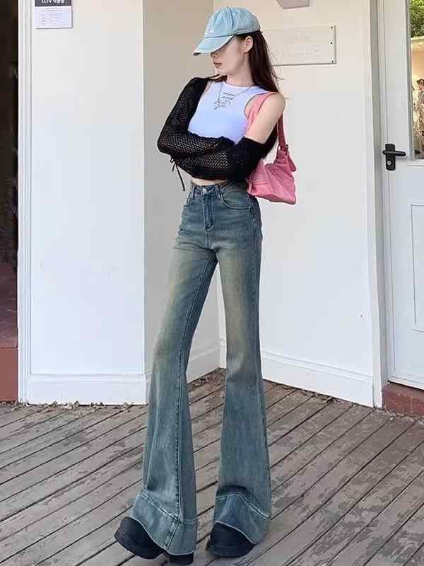 レディース 牛仔パンツ 高腰 マイクロフレア 修身 直筒 デニム ミディアム厚 伸縮性 ポケット ブルー 秋 街頭スタイル 快適レジャー 免?加工 ポリエステル ゴシック風 ルーズフィット ロングパンツ