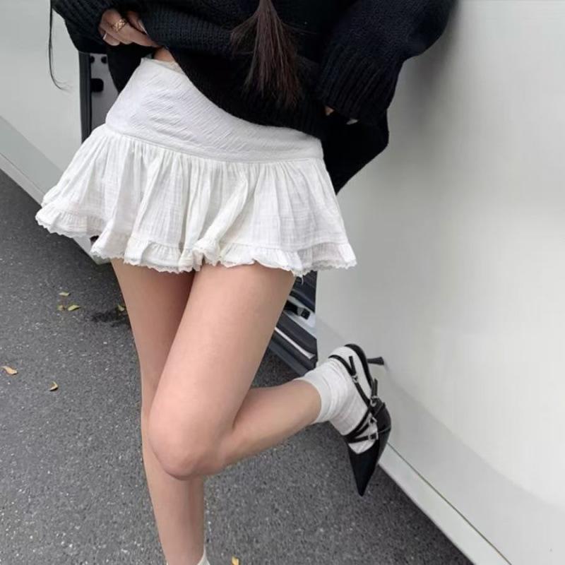 スカート 女性用 秋 白色 レース 花柄 プリント モダール 再生繊維 中丈 ハイウエスト フレア ミディ 半身スカート かわいい 仙女風 気質 通勤用 普段使い 軽量 伸縮性 微弾力 切り替え デザイン 抽象柄 人気シルエット フェミニン スタイル 秋