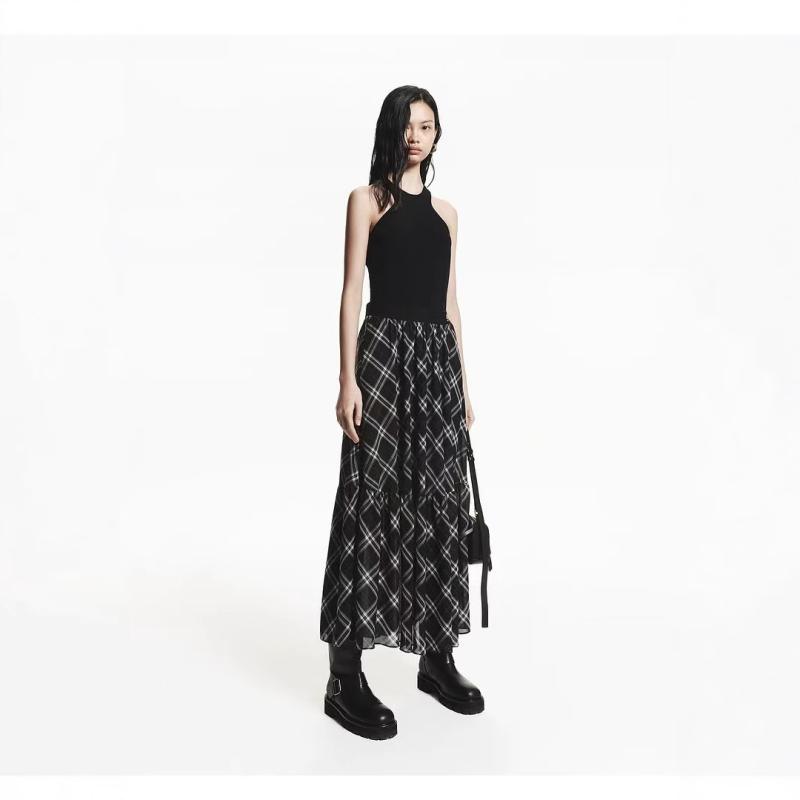 スカート 女性用 日韓風 シンプル ハイウエスト 長丈 プリーツ 切り替え ブラック ポリエステル 綿羊毛 混紡 マイクロストレッチ ウンブレラシルエット 軽量 防シワ 秋夏 通勤 普段使い ロングスカート