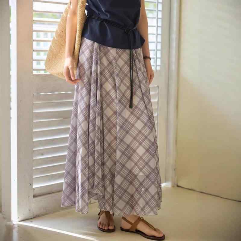 スカート 女性用 夏 フレンチチェック 不規則 ミディ丈 タイトスカート コットン ポリエステル 混紡 高弾性 気質 通勤 都市スタイル ハイウエスト 切り替え デザイン 軽量 伸縮性 黄緑 グレー パープル チェック柄 爽やか コーディネート