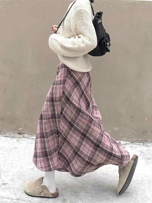 スカート 女性用 ピンク 格子柄 半身スカート 秋冬 2025年モデル ウール混 ハイウエスト Aライン スリム フレア ドレープ 中長丈 日韓カジュアル シンプル ポリエステル マイクロストレッチ コットンライク 衝色切り替え 軽量 通勤 普段使い 部