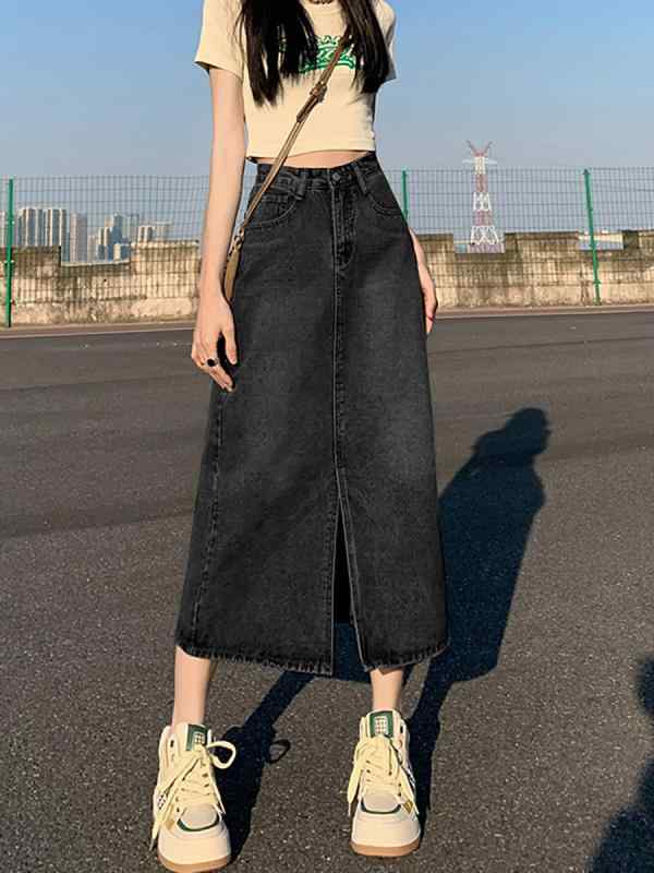 デニムスカート 女性用 春夏 高腰 包臀 スカート 復古 ストレート ルーズ Aライン 中長丈 半身スカート コットン ポリエステル 無弾性 通勤 気質 ポケット ブラックグレー ヴィンテージライトブルー 切り替え デザイン 普段使い 軽量 通勤スタイル
