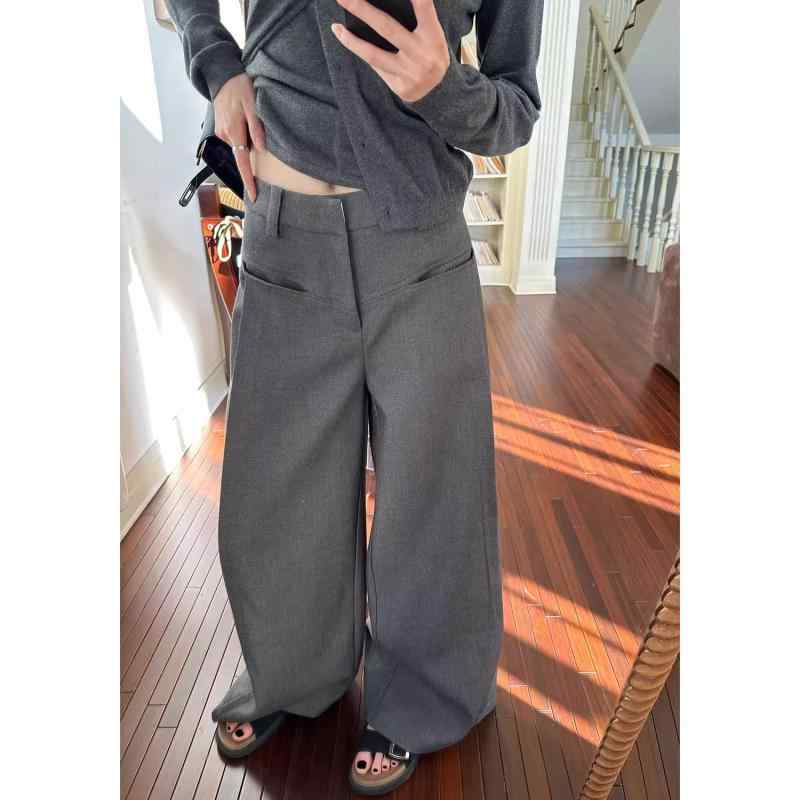レディース ワイドパンツ ハイウエスト マイクロフレア ロング丈 グレー ブラック ポリエステル ポリエステル混 微弾性 中厚 ポケット 韓国風 カジュアル 日常使い ゆったり 垂れ感 しわ加工なし 接触冷感 吸湿速乾 通勤 外出 春夏 秋