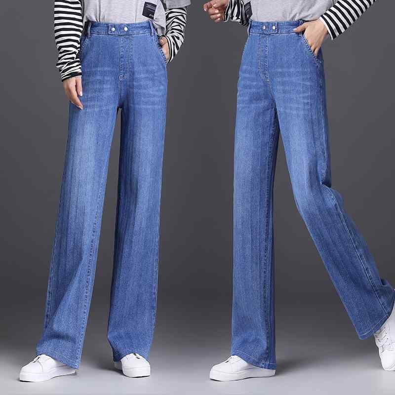 パンツ レディース 春夏 牛仔パンツ ワイドレッグ ハイウエスト 大きいサイズ 薄手 ストレッチ 接触冷感 綿混 デニム ゆったり シルエット スリム効果 ドレープ 直筒 ロング丈 通勤 普段使い 気質 韓国風 ブルー カジュアル 吸湿速乾 軽量 ソフト