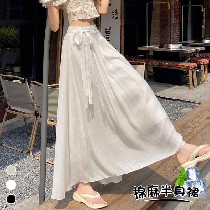 スカート 女性用 半身スカート 夏用 接触冷感 綿麻素材 レース 系紐 ドロップ感 ワイドシルエット ゆったり ミドル丈 ロングスカート 清新 スイート ガーデンスタイル 微弾性 個性 ストリート 純色 3D立体柄 ホワイト アプリコット ブラック S