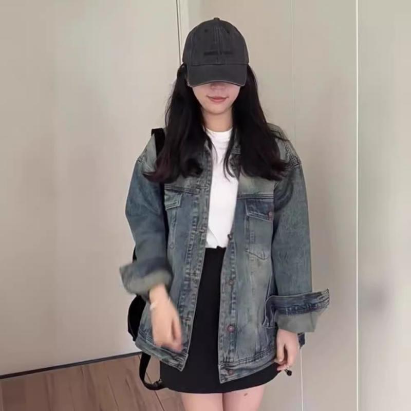 デニムジャケット 女性用 秋冬 春夏 復古風 香港スタイル デザイン 感 ゆったり シルエット 百搭 スリム効果 シック トップス 長袖 中長丈 ポリヨコット ジンコ 素材 ナイロン混紡 接触冷感 軽量 伸縮性 吸湿速乾 デイリーカジュアル 普段使い 通