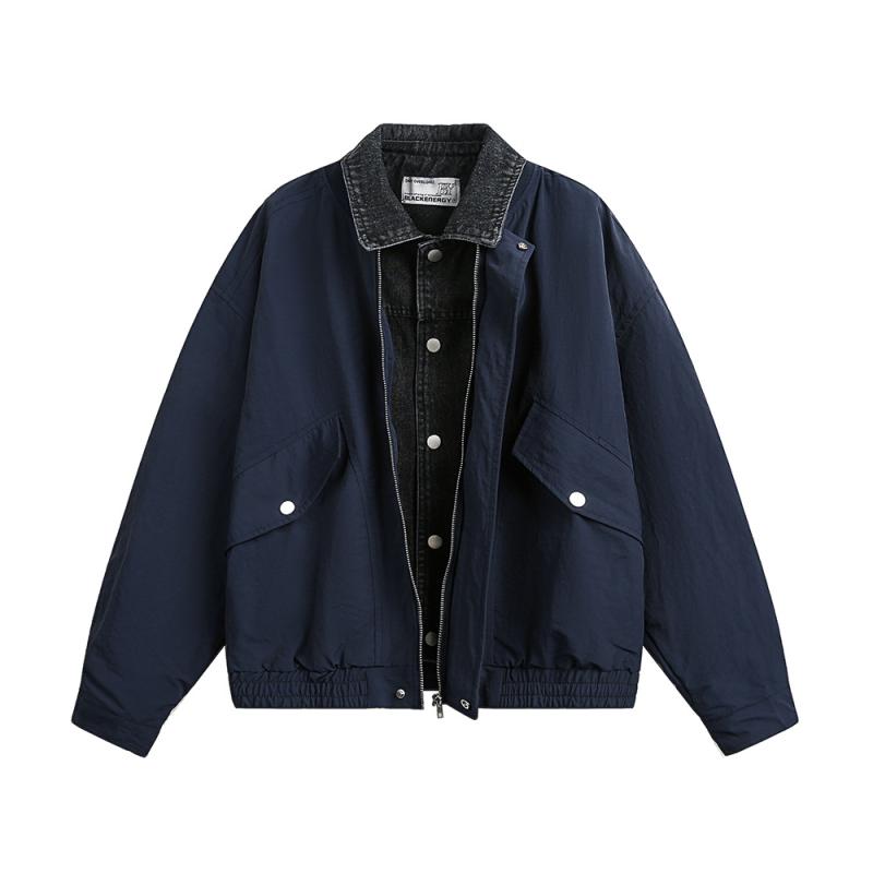 メンズ ジャケット デニム 切り替え ダブルカラー スタンドカラー ショート丈 コート 春夏 秋冬 コーデ 耐摩耗 防風 軽量 ニット ナイロン 100パーセント ポリエステル 裏地 ストリート スタイル ルーズフィット ジップアップ ノーハット ミディ
