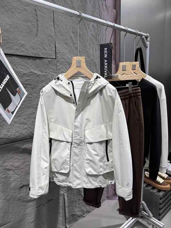メンズ ジャケット 工装 外套 コート トップス 男性用 立体的カット 春夏 連帽 フード付き ゆったり ルーズフィット 厚手 普通厚 通勤用 普段使い アウトドア 軽量 伸縮性 吸湿速乾 ナイロン 再生繊維 ホワイト ホワイト系 白色 シンプル スタイ