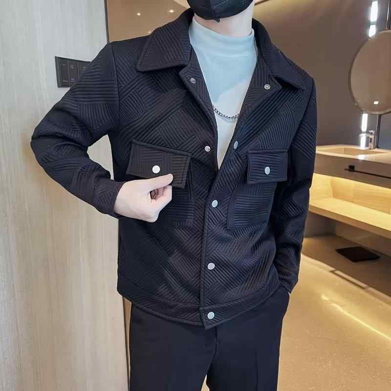 メンズ ジャケット 秋季 綿 ニット 耐摩耗 加工 工装風 ミリタリー トップス 男性用 ゆったりシルエット スタンドカラー シングルブレスト ロングスリーブ ストライプ ソリッドカラー ホワイト ブラック ボタン 装飾 ステッチ ポケット ストレート